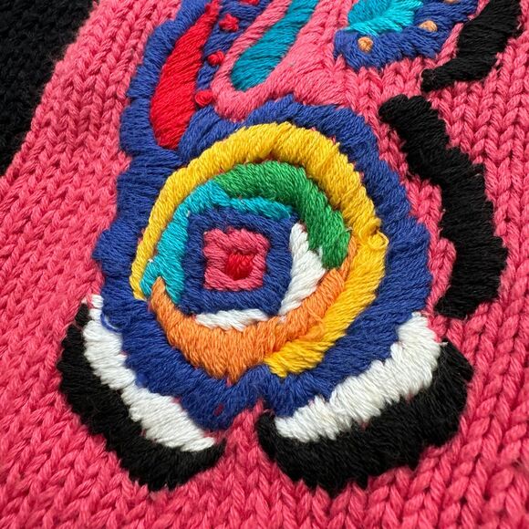 VINTAGE 80s Carole Little Colorful Floral Handknit Short Sleeve Cardigan Sz M - Picture 4 of 8